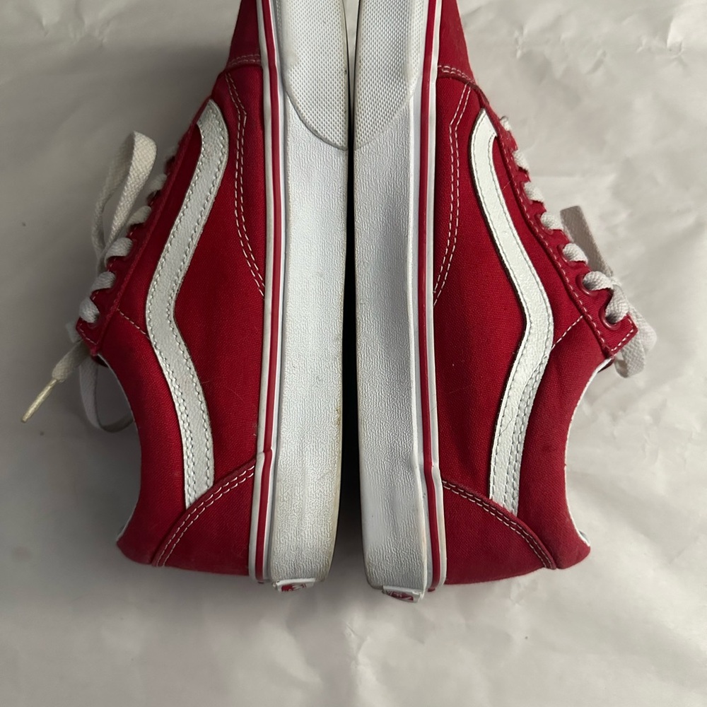 Vans Red and White Sneakers with Retro Design and Distinctive Side Stripe